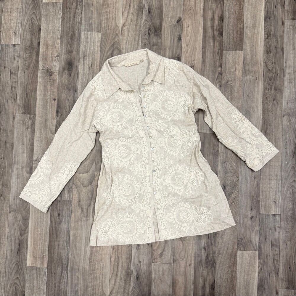 Soft Surroundings Petite XS Linen Embroidered Floral Lace Tunic Blouse NWOT